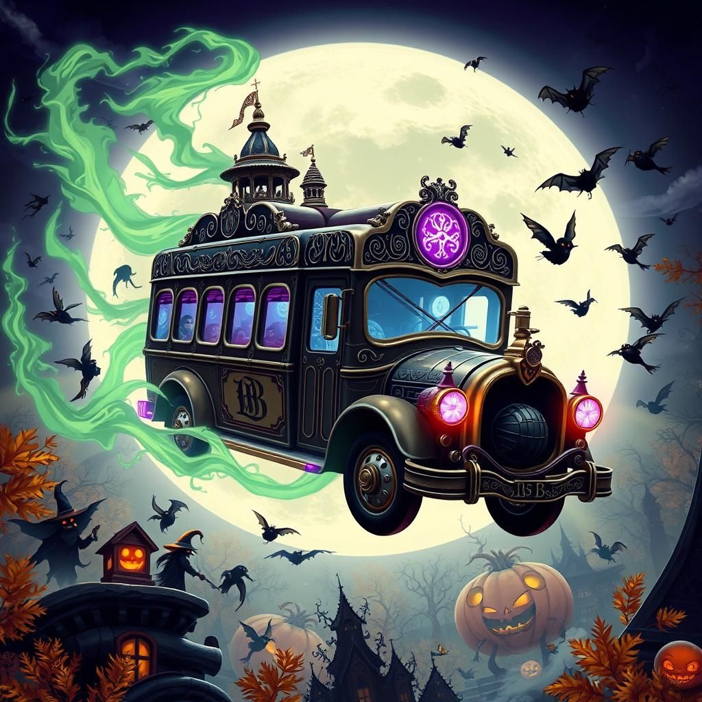 Ornate Hearse Bus Soaring Through Halloween Night