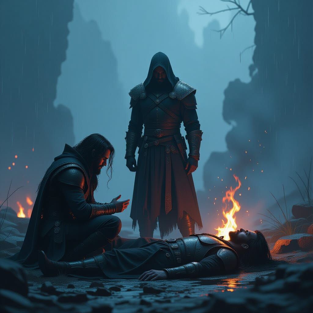 Warrior's Farewell: A Dramatic Ember-Lit Fantasy Scene