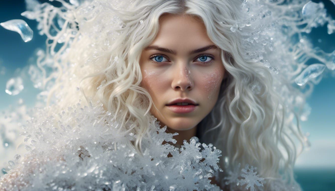 Icy Beauty Portrait with Frost Flowers in Hair