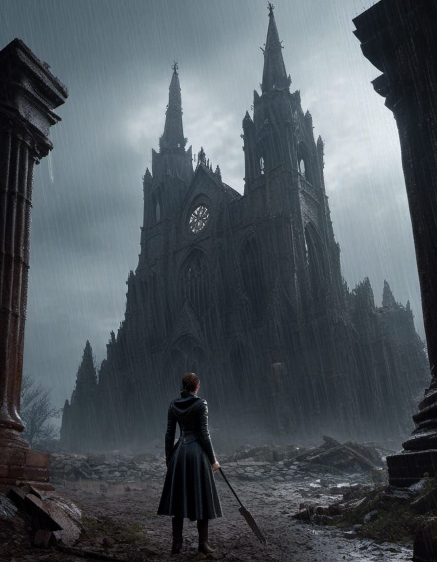 Gothic Cathedral Ruins in Rain and Desolation