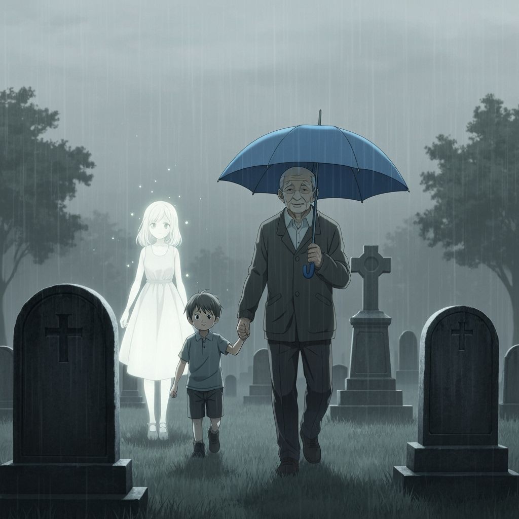 Man and Boy Walk Through Rainy Cemetery with Ghostly Girl