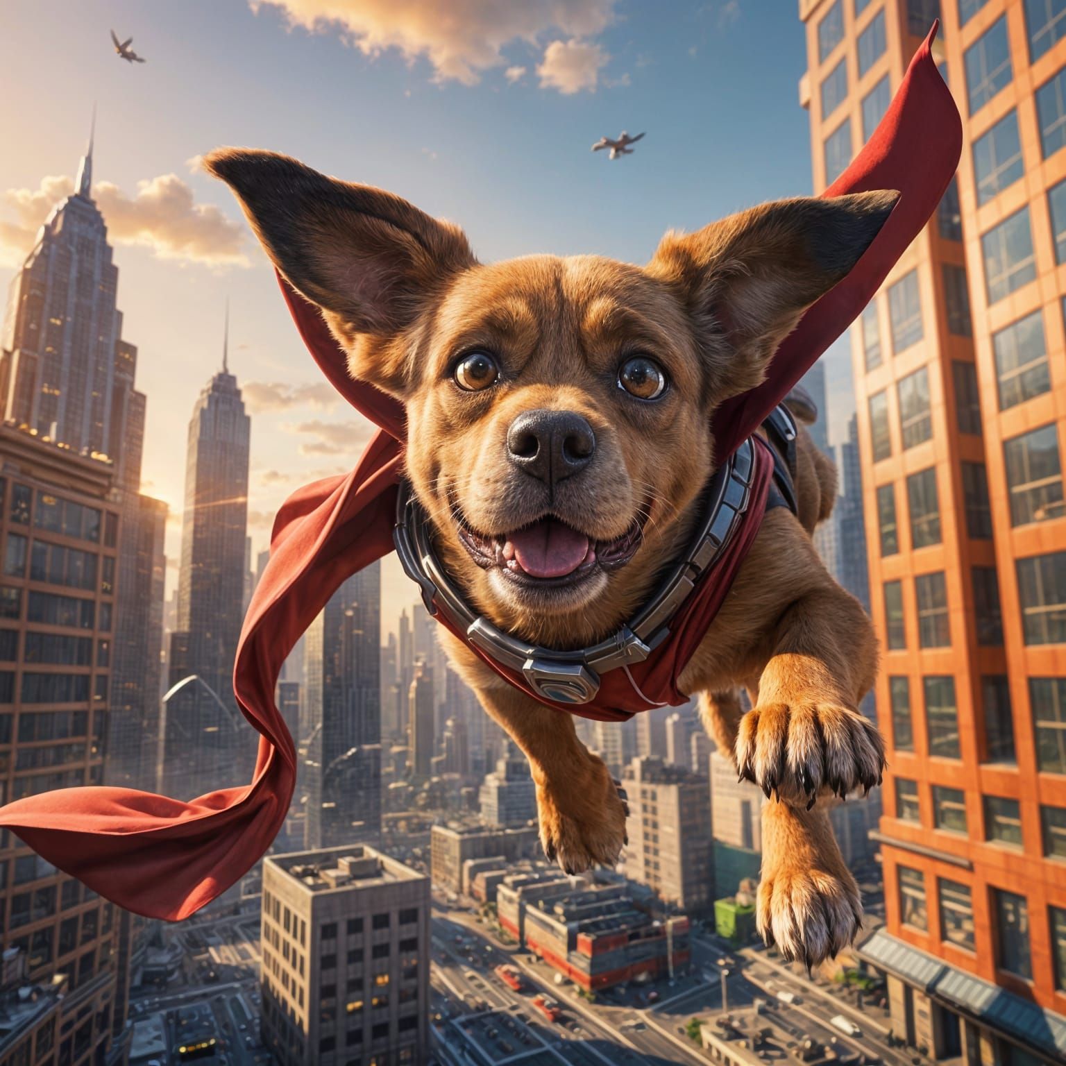 Cute Super Dog Soars Through Futuristic City at Sunset