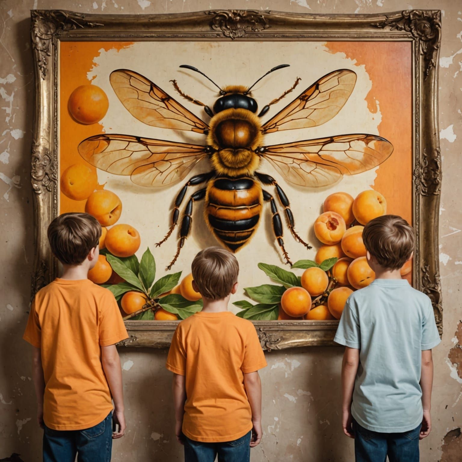 Children Admire Hornet Painting on Apricot