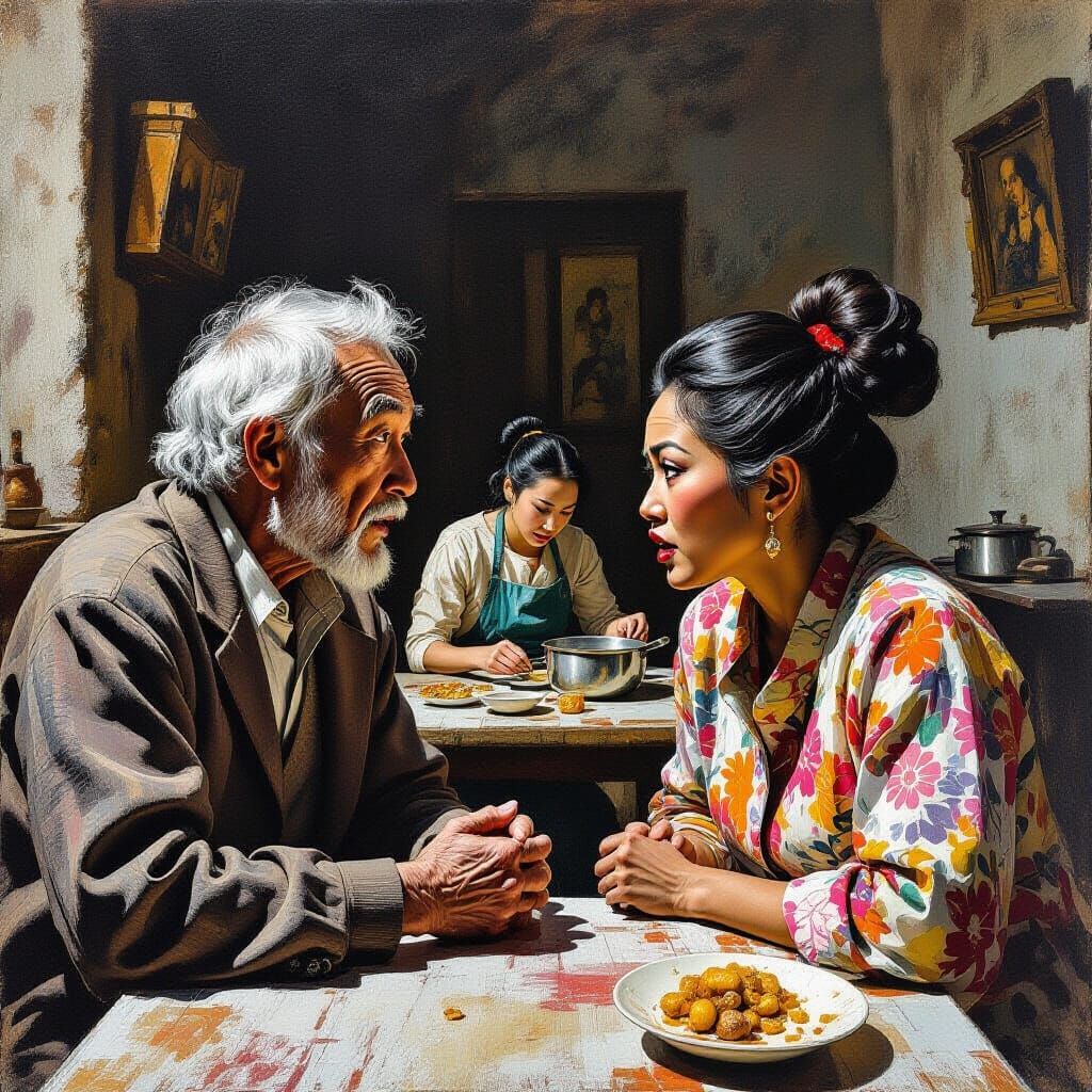 Surreal Baroque Argument: Elderly Couple's Dramatic Dispute