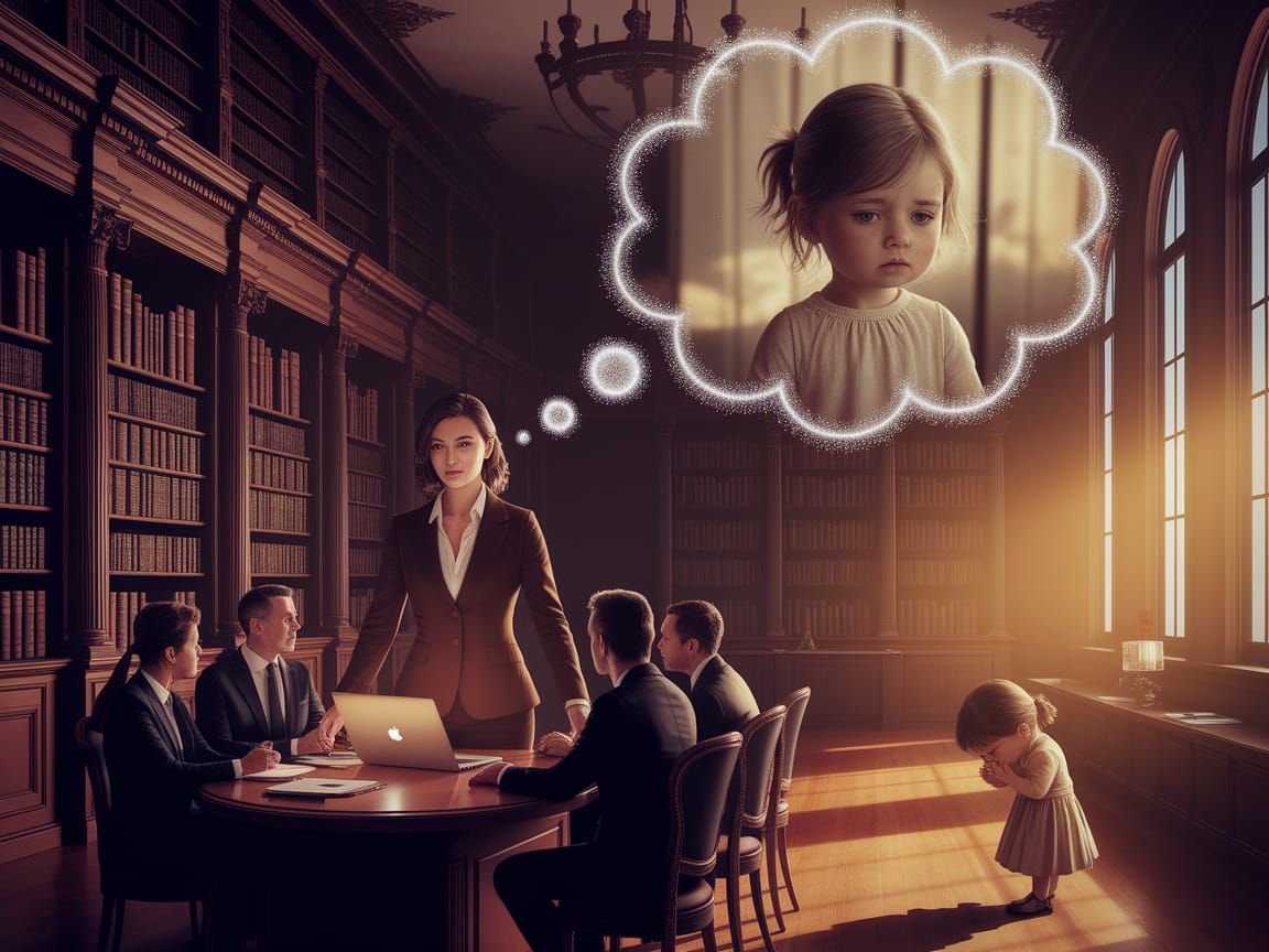 Woman Leads Meeting, Inner Child Cries, Art Nouveau Style