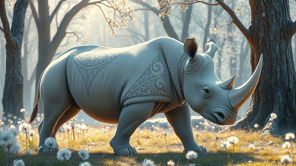 Maori Rhinoceros in Sun-Dappled Ice Forest