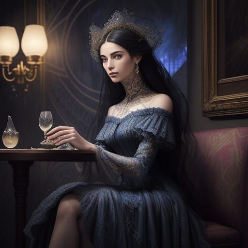 Glamorous Woman in Glowing Cafe, Surrealist Style