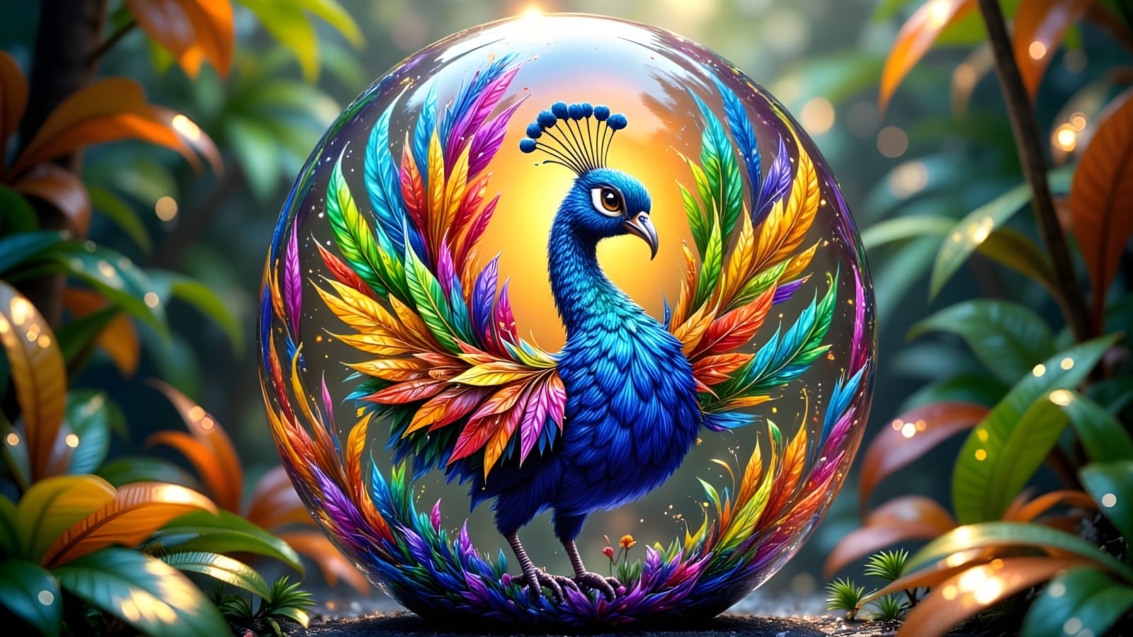 Dazzling Peacock in Glass Sphere, Spray Paint Art