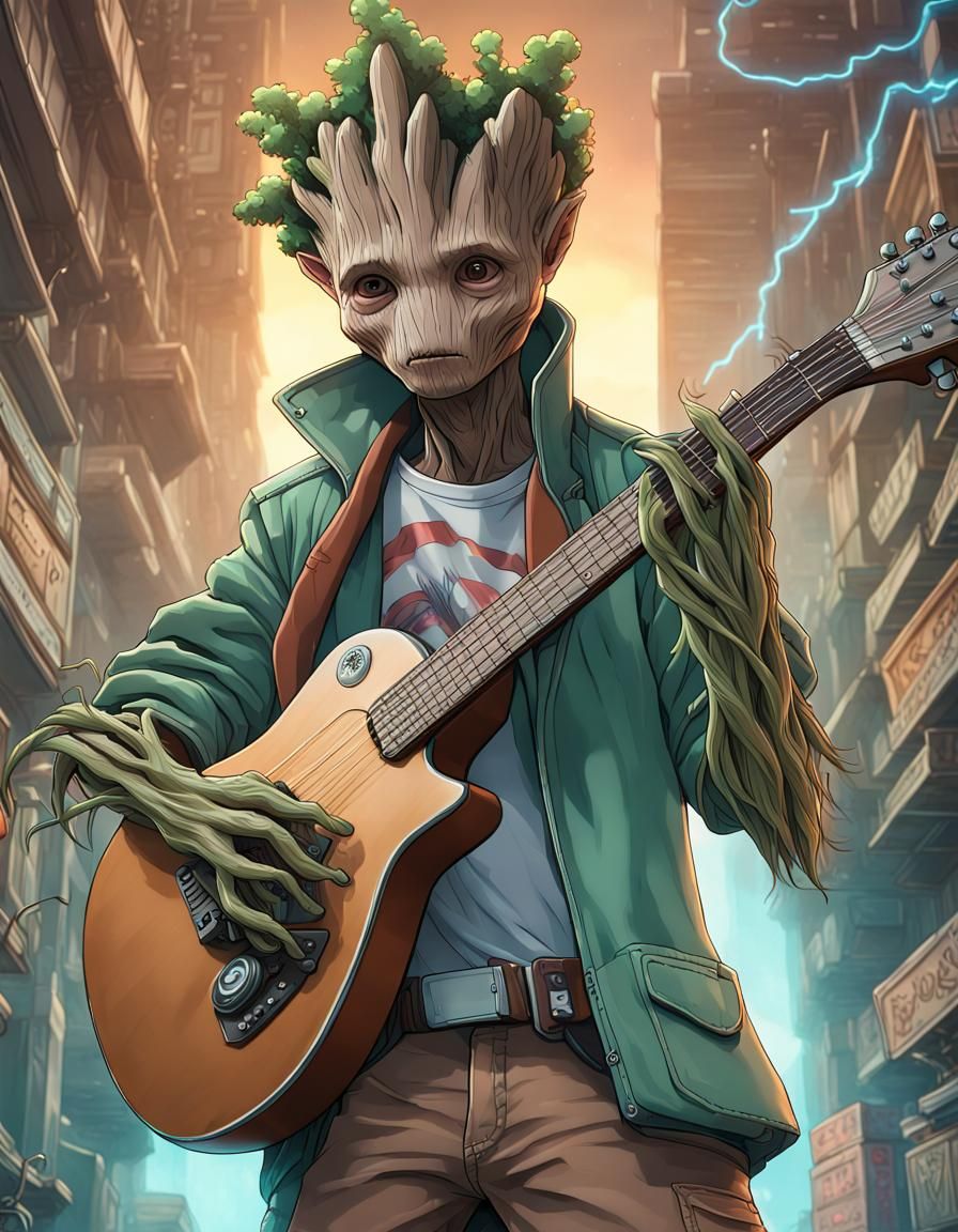 Anime Groot Plays Guitar Near DeLorean: Macro Photography