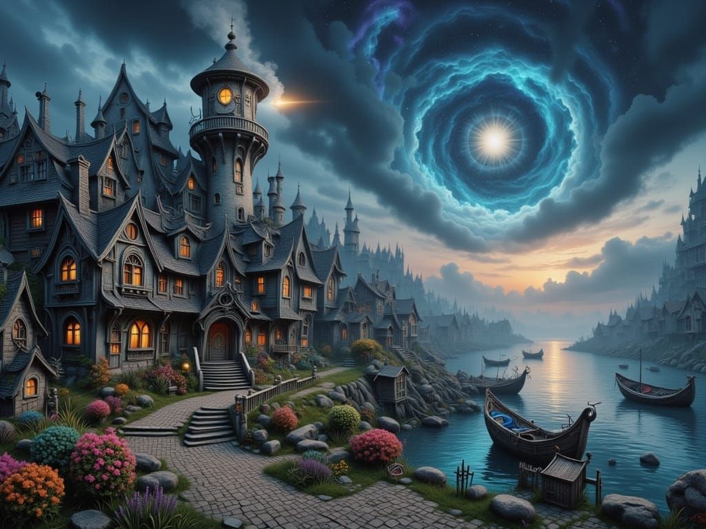 Dieselpunk Fishing Village Under Starry Sky