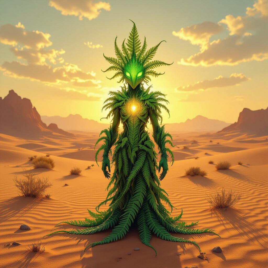 Mystical Fern Creature in Sun-Scorched Desert