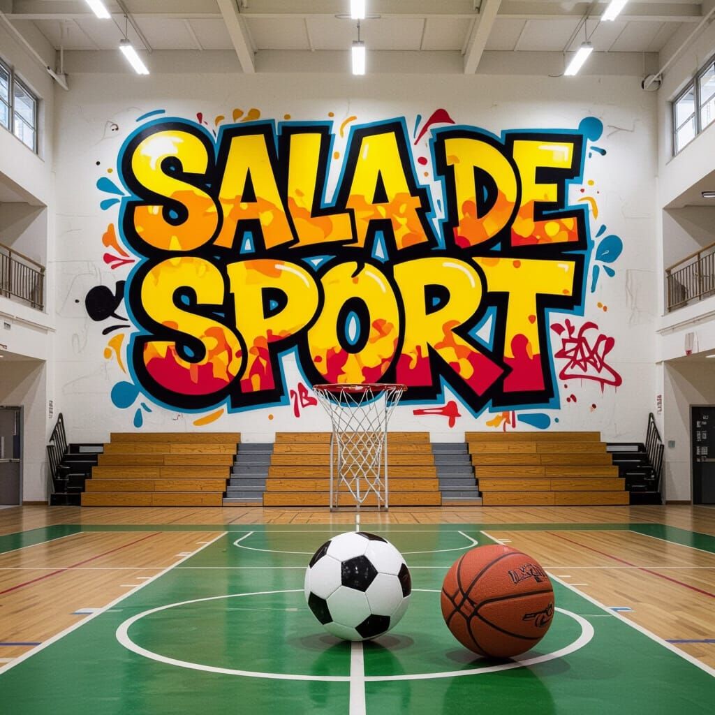 Vibrant Sports Hall with Graffiti-Style Text