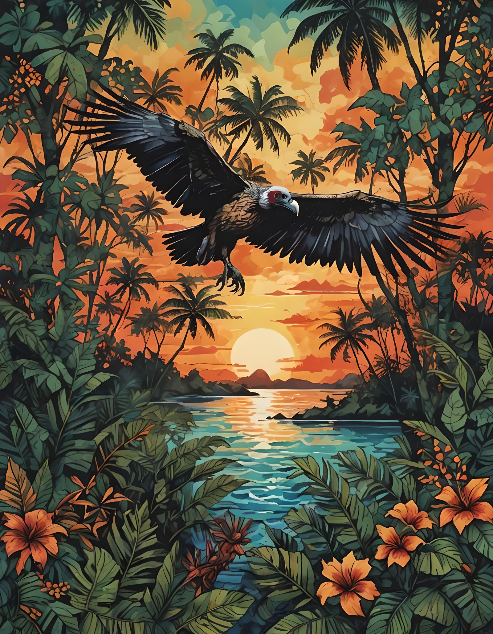 Batik Vulture Amidst Jungle Beach Sunset