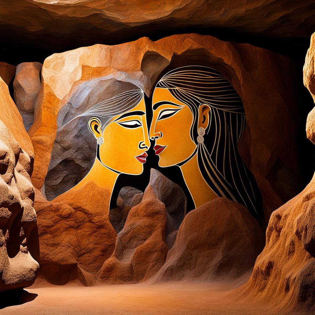 Prehistoric Women Share a Kiss in Cave Fresco Style