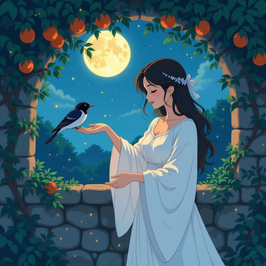 Medieval Woman Feeds Nightingale in Anime Style