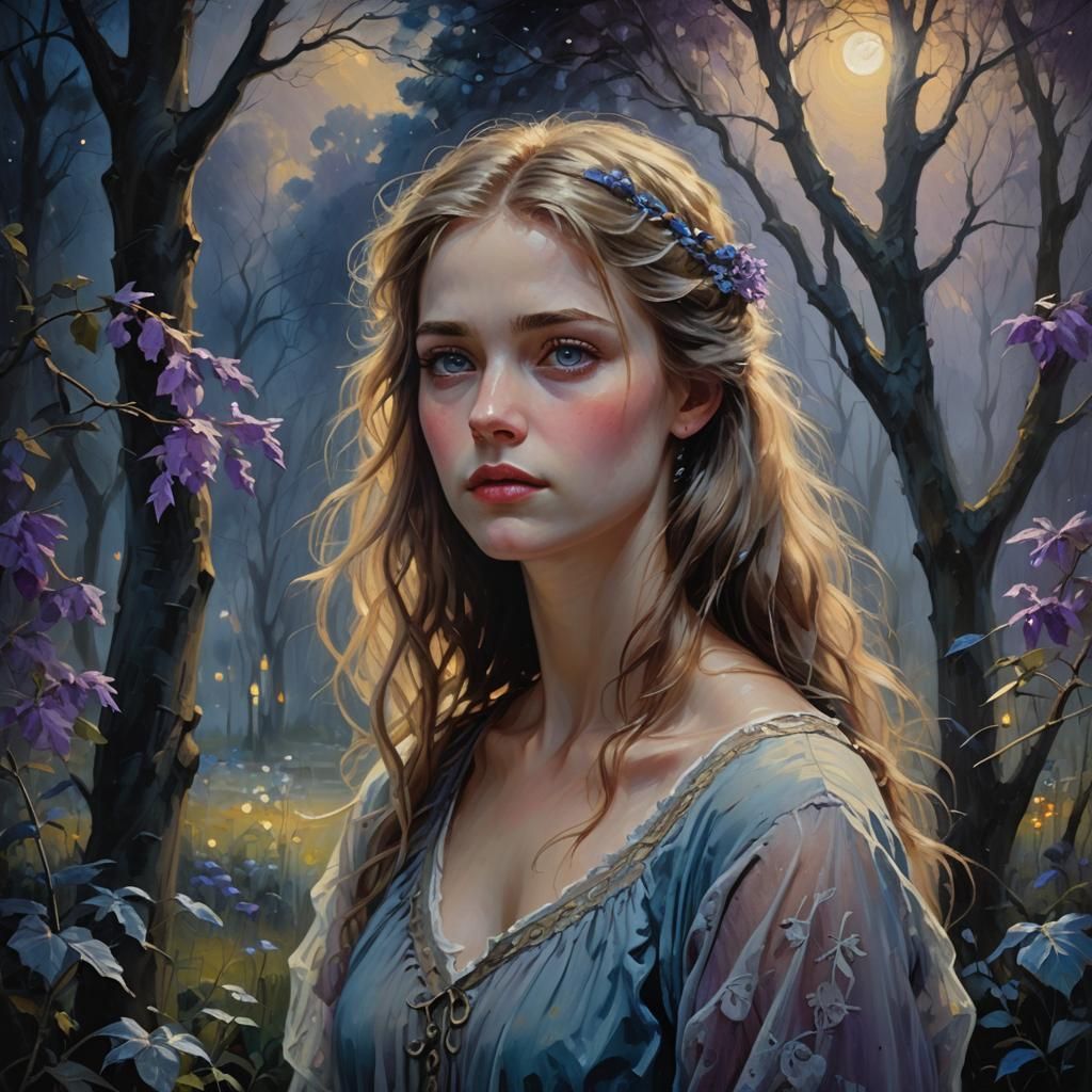 Heartbroken Girl in Moonlit Garden: Oil Painting