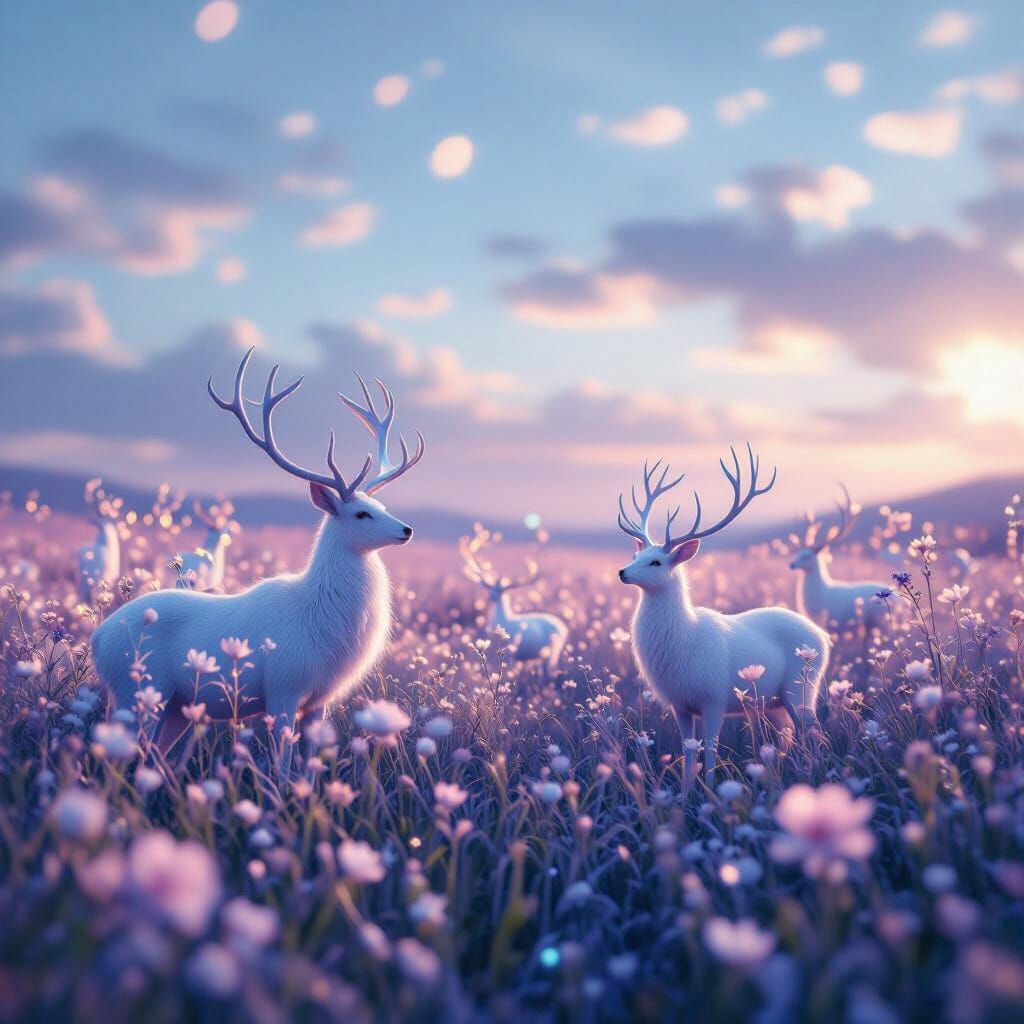 Mystical Field With Pastel Fauna and Dreamlike Atmosphere