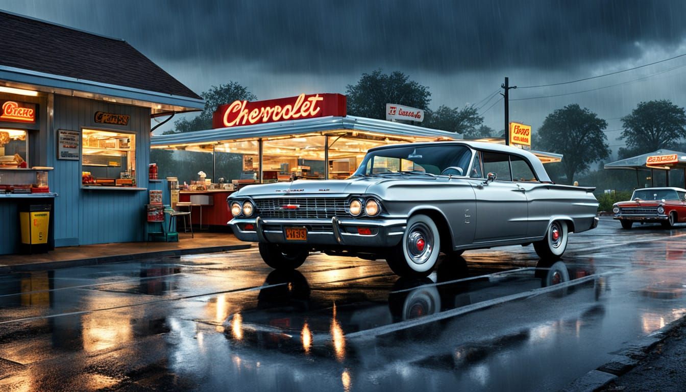 Vintage Chevrolet Convertible Under Rainy Suburban Skies