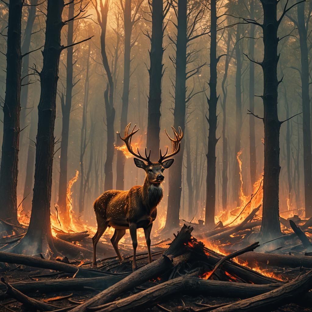 Deer Rising in Burning Forest: Fantasy Concept Art