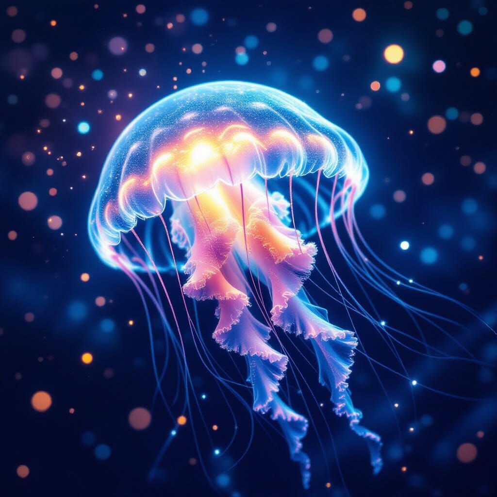 Bioluminescent Jellyfish Nebula in Holographic Style