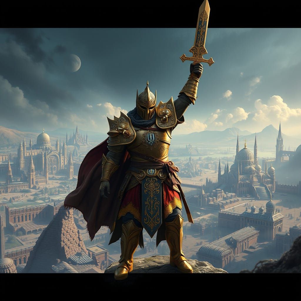 Golden Warrior Triumphs Over Ruined Ukraine-Inspired Landsca...