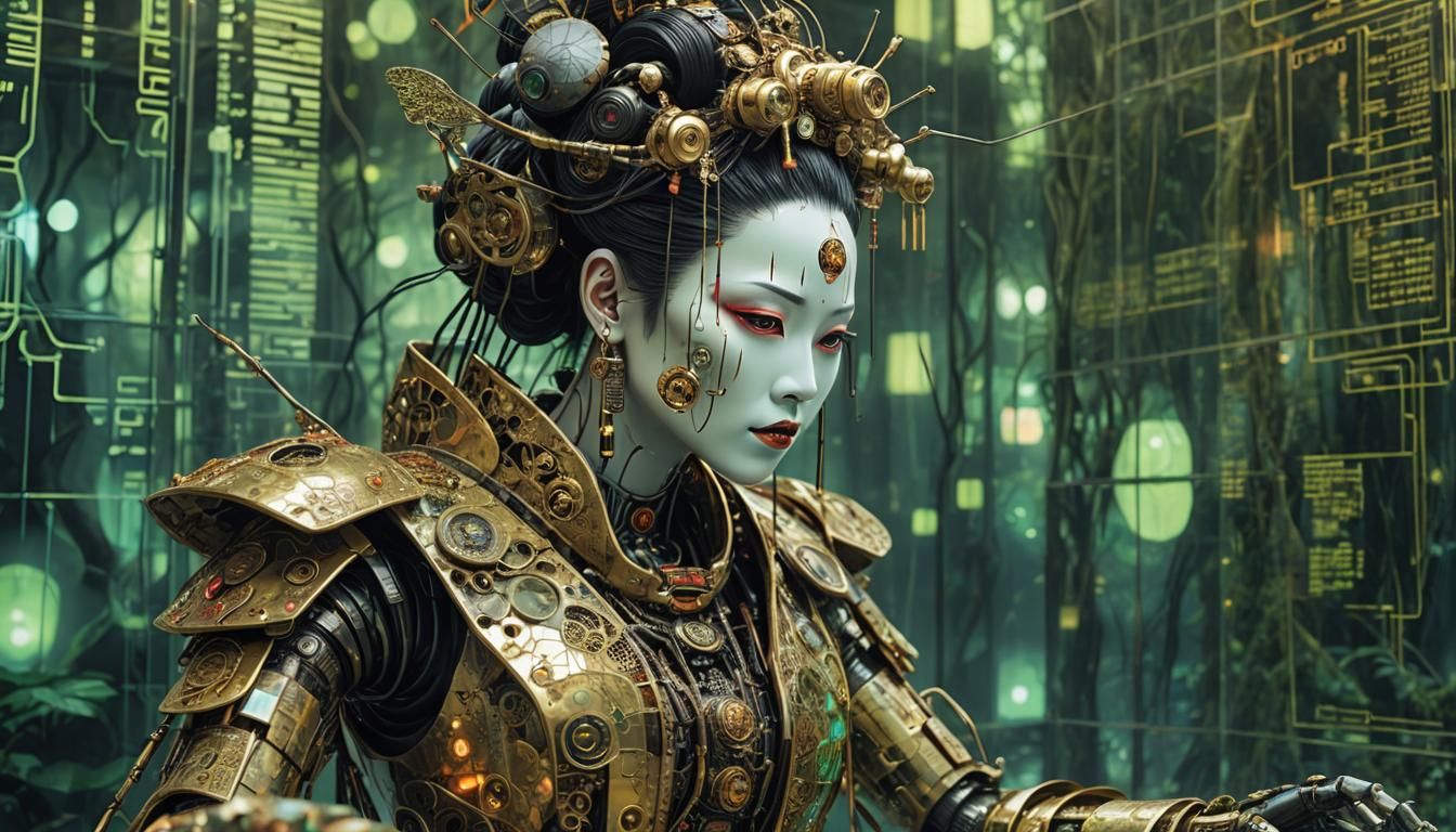 Biomechanical Robot Geisha Shaman in Surreal Setting