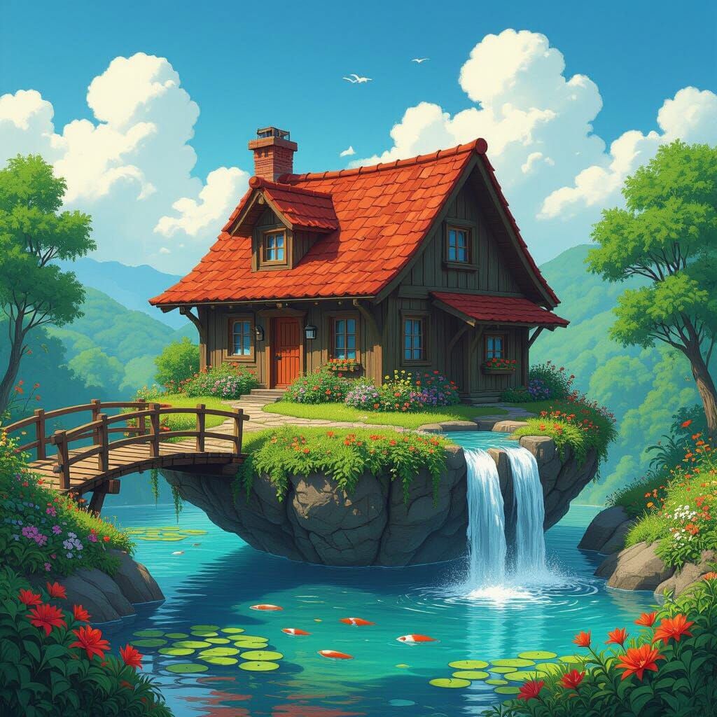 Floating Island House in Whimsical Isometric Scene