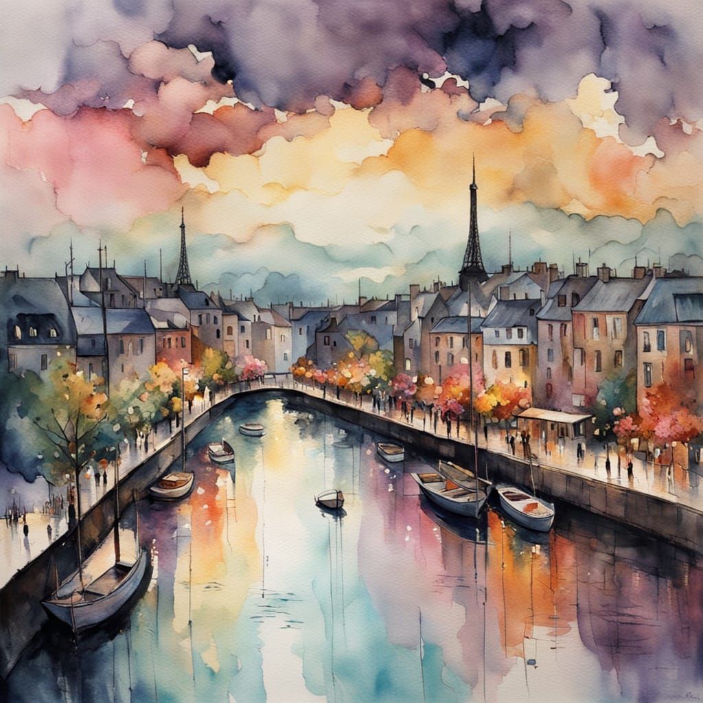 Paris Harbor Scene with Women and Flowers