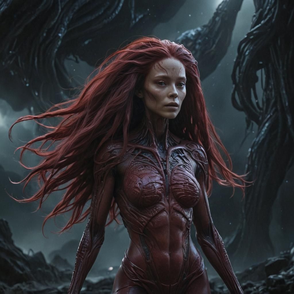 Crimson Alien Woman: Dramatic Digital Masterpiece