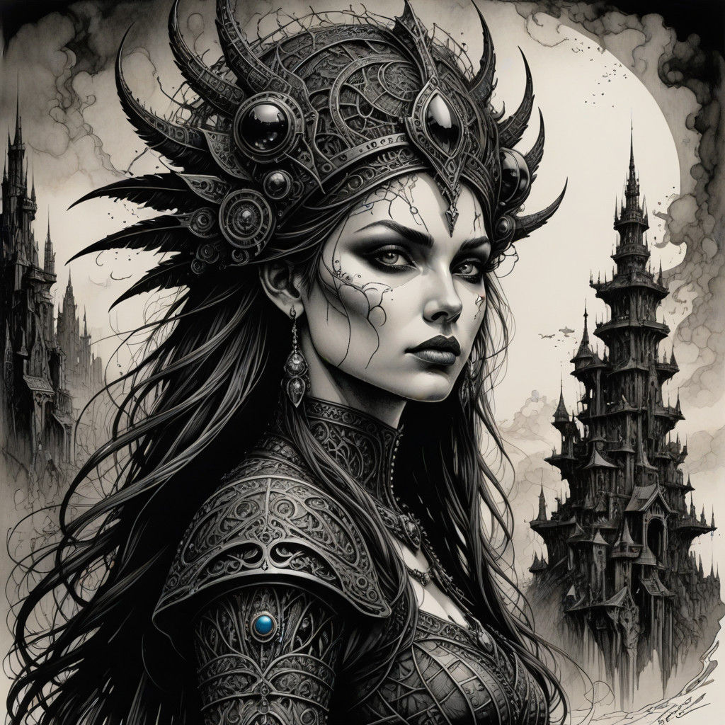 Mysterious Dark Fantasy Enchantress in an Eternal Skyline