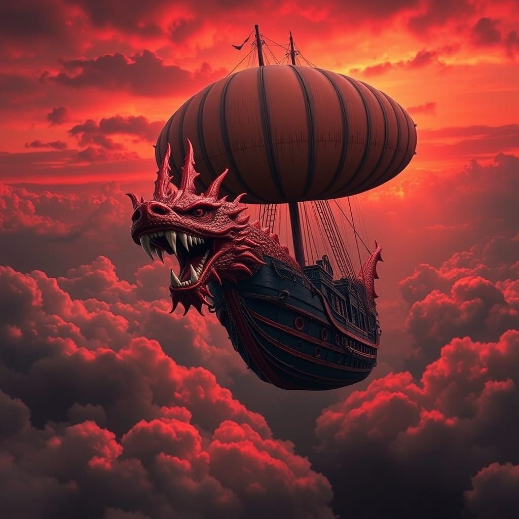 Mystical Steampunk Pirate Galley Hovers Amidst Stormy Skies