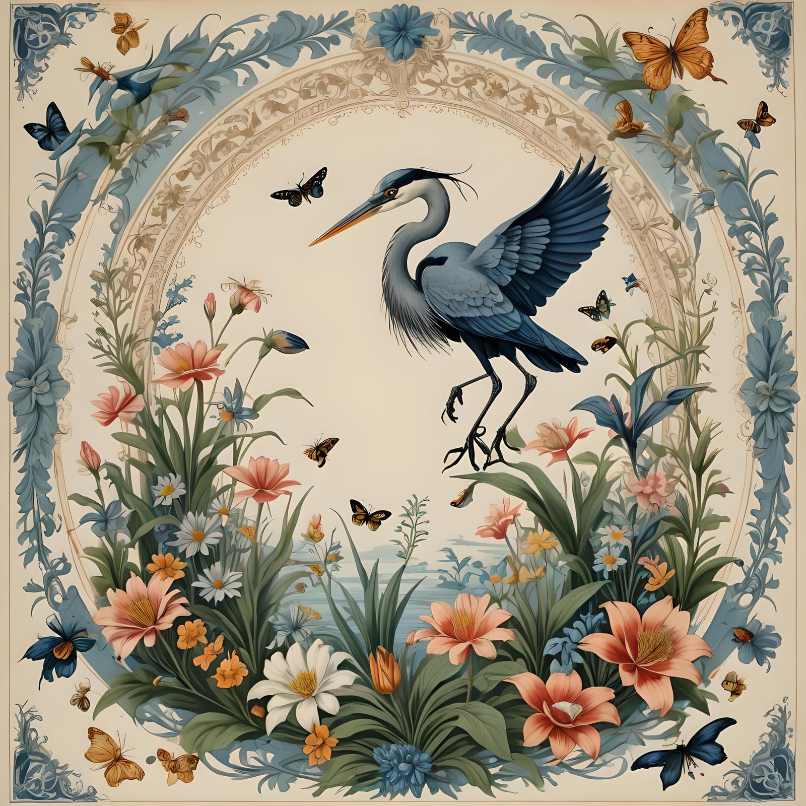Victorian Floral Design with Heron and Butterflies