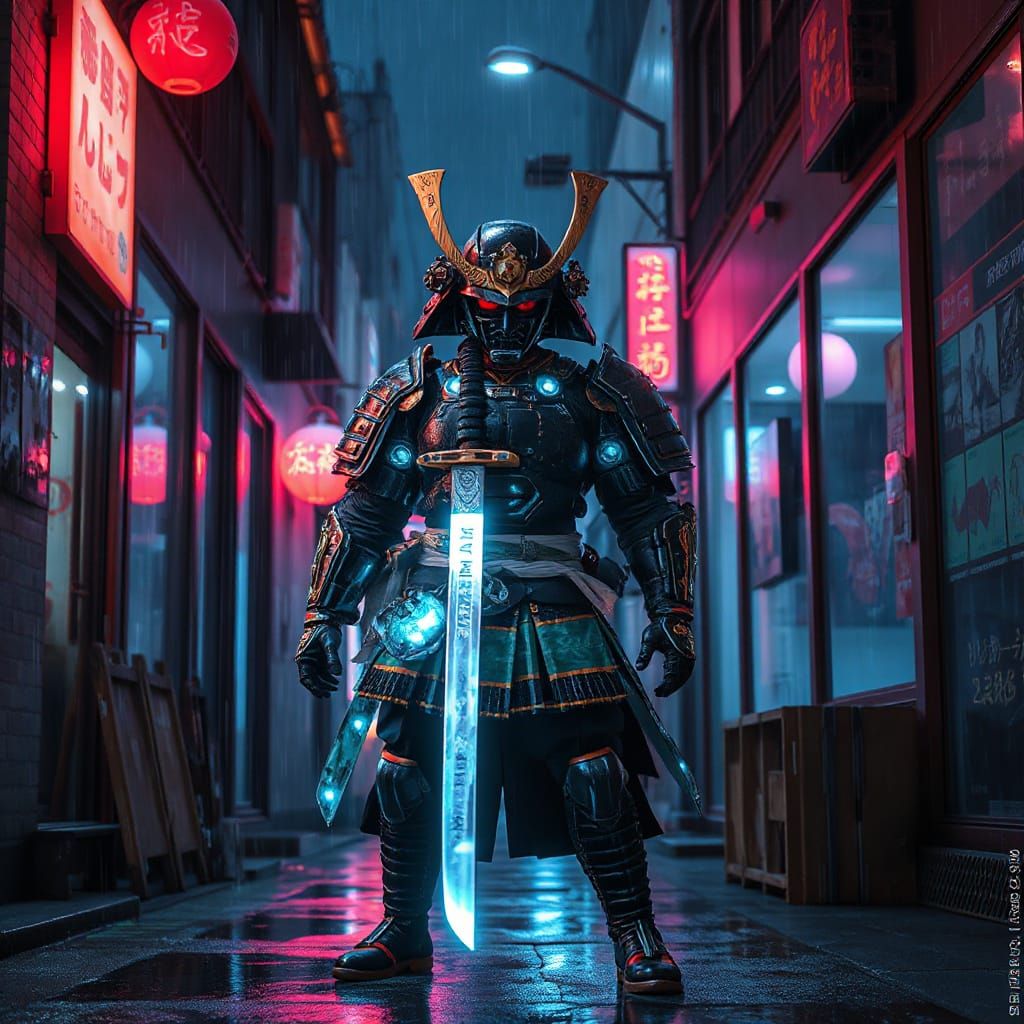 Cyberpunk Samurai Warrior in Neon Alleyway