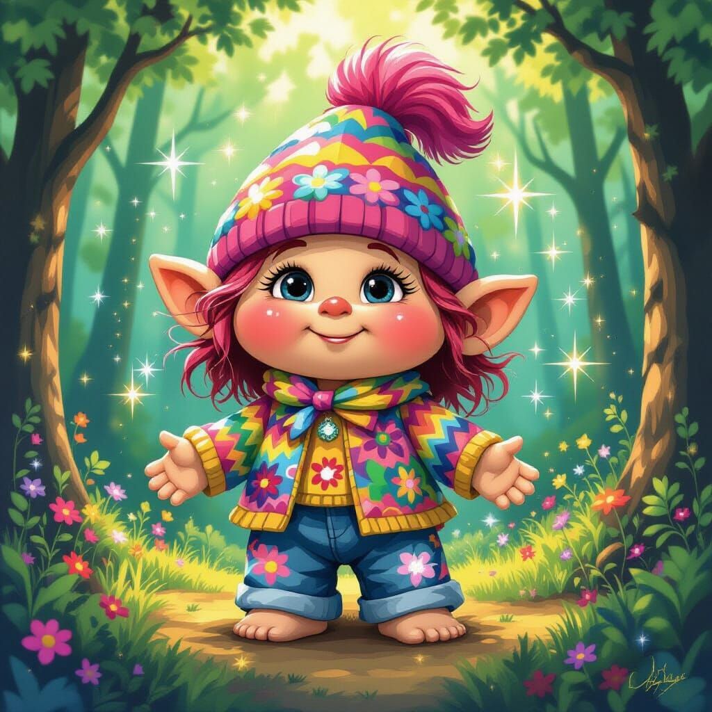 Whimsical Cabbage Patch Troll in Sparkling Forest