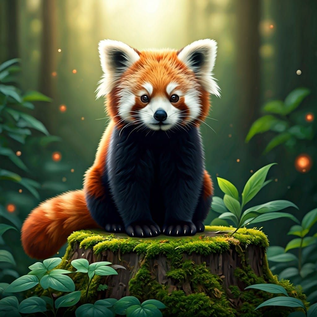 Whimsical Red Panda in Lush Forest Glade