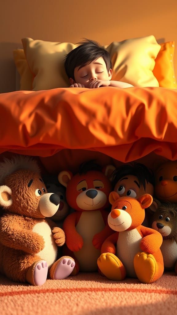 Plush Animals Plotting Under Bed in Pixar Style