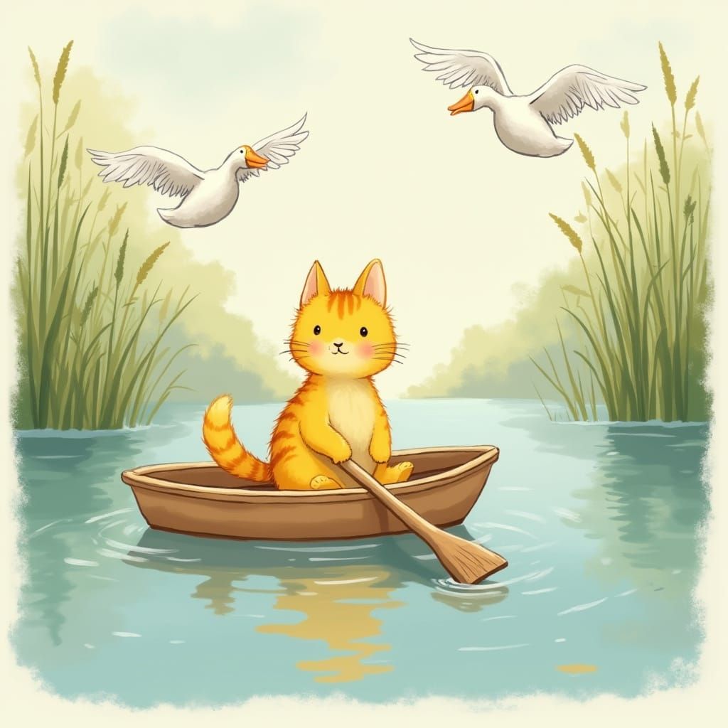 Yellow Cat in Boat with Geese, Whimsical Illustration Style