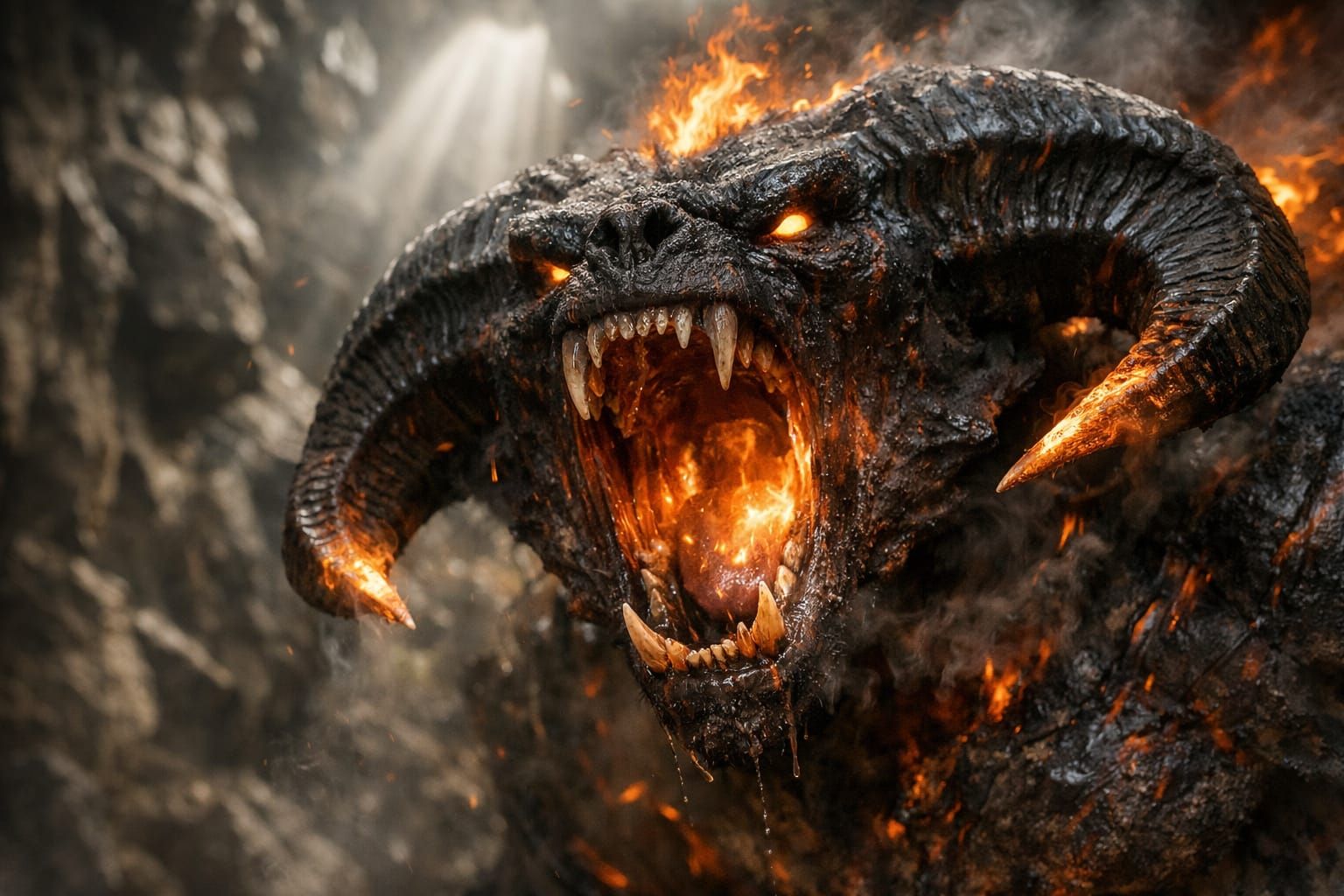 Roaring Balrog in Cavern, Realistic Photo