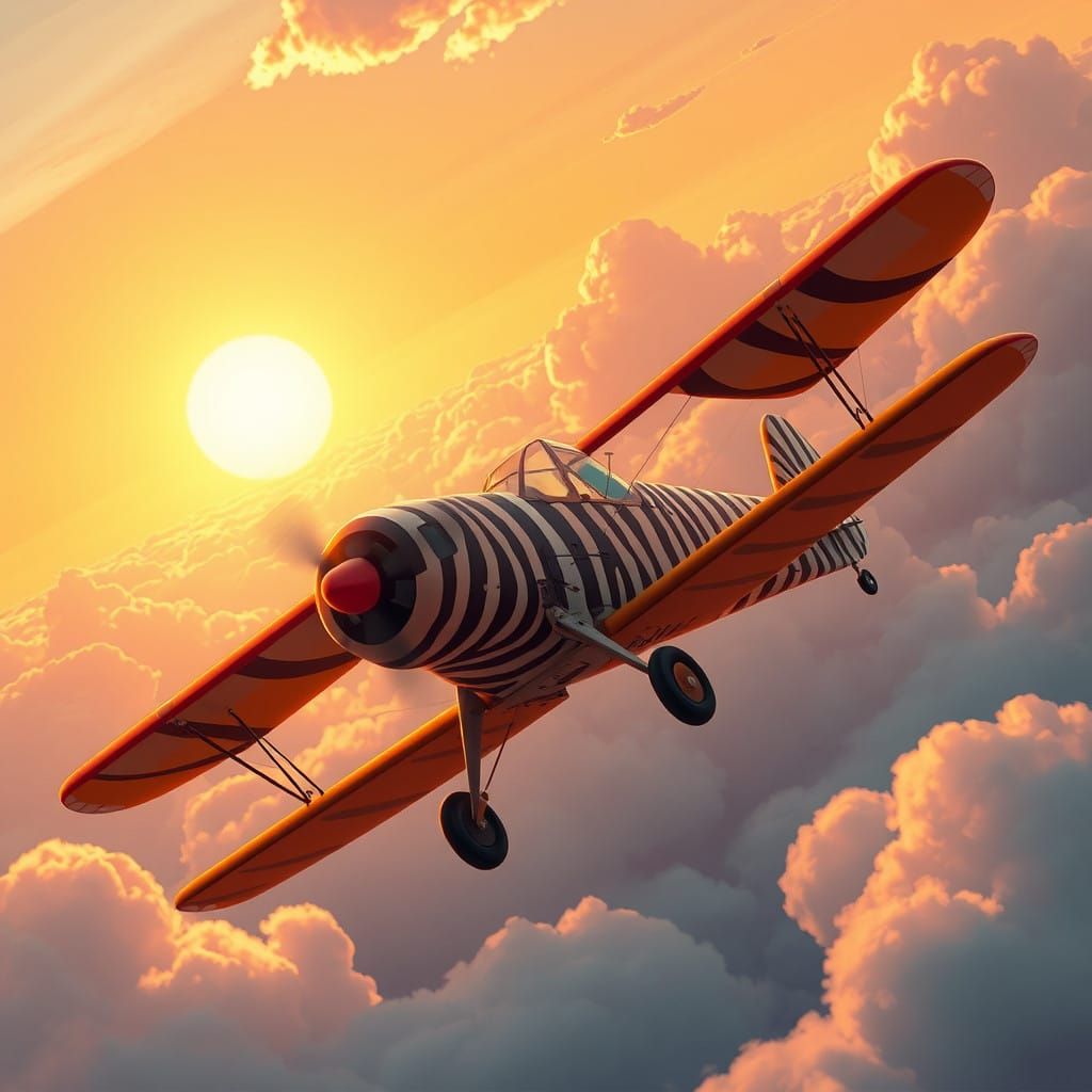 Zebra-Striped Biplane Soars Through Golden Hour Dreamscape