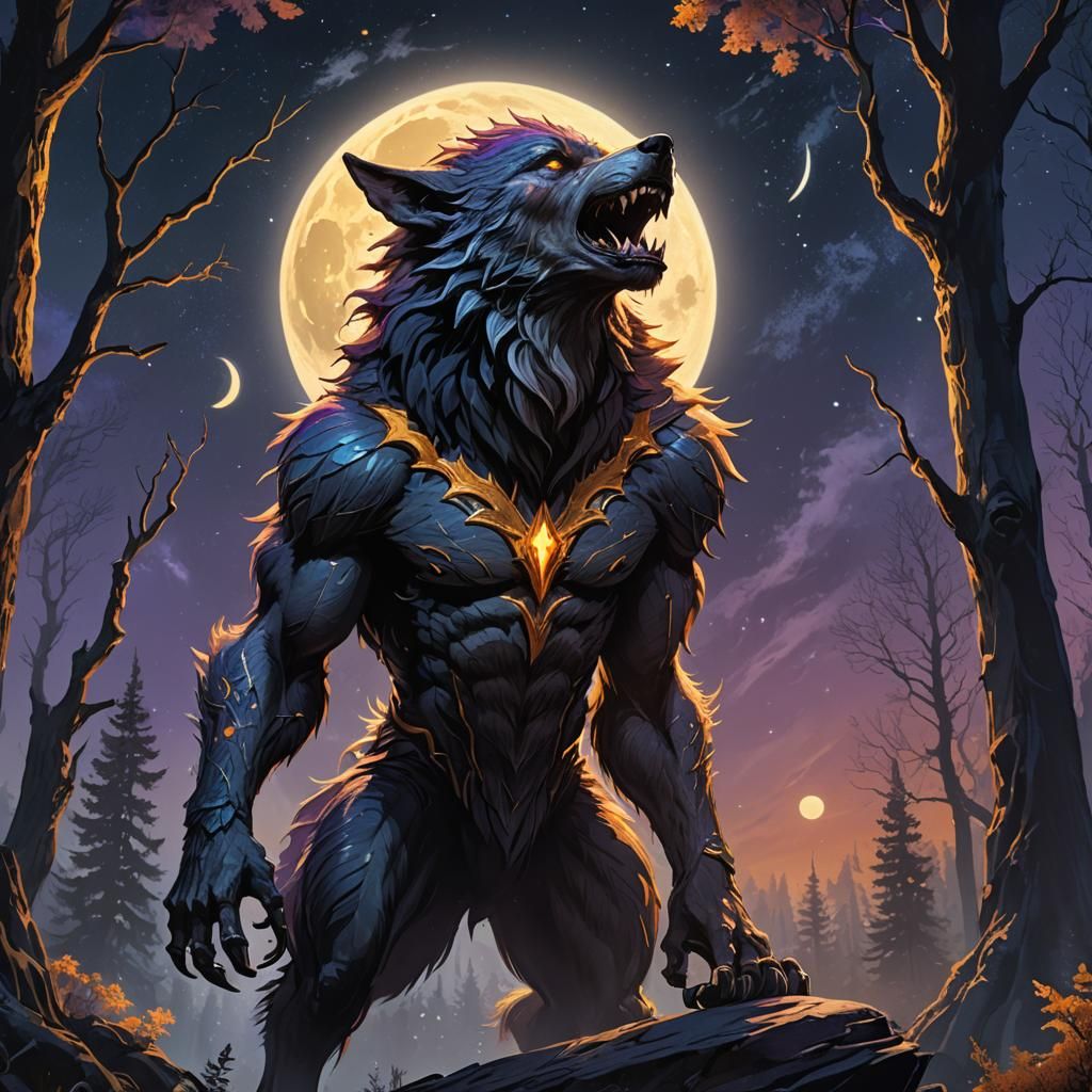Werewolf Howling at Moon in Mystical Forest