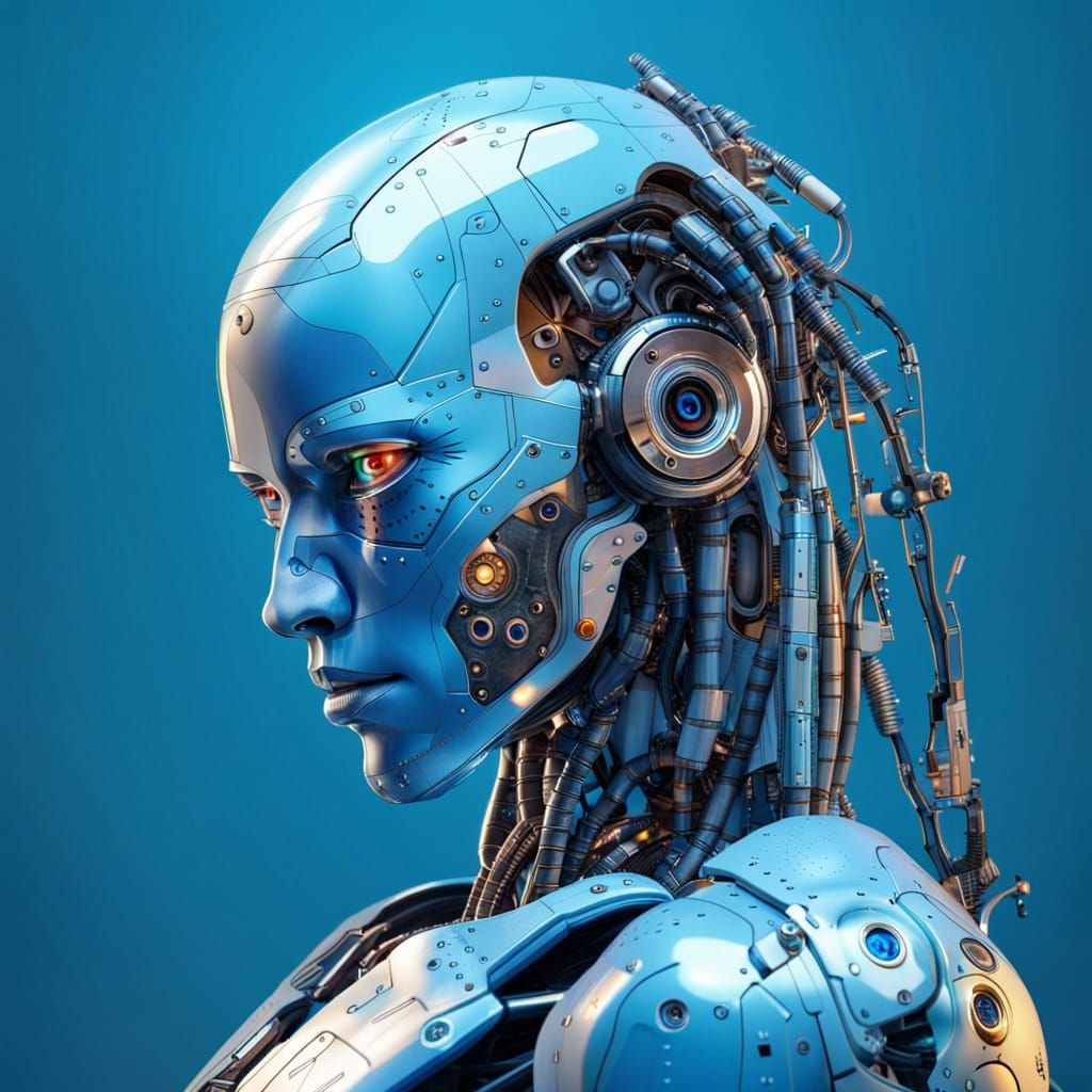 Hyperrealistic Cyborg Robot with Blueprint Background