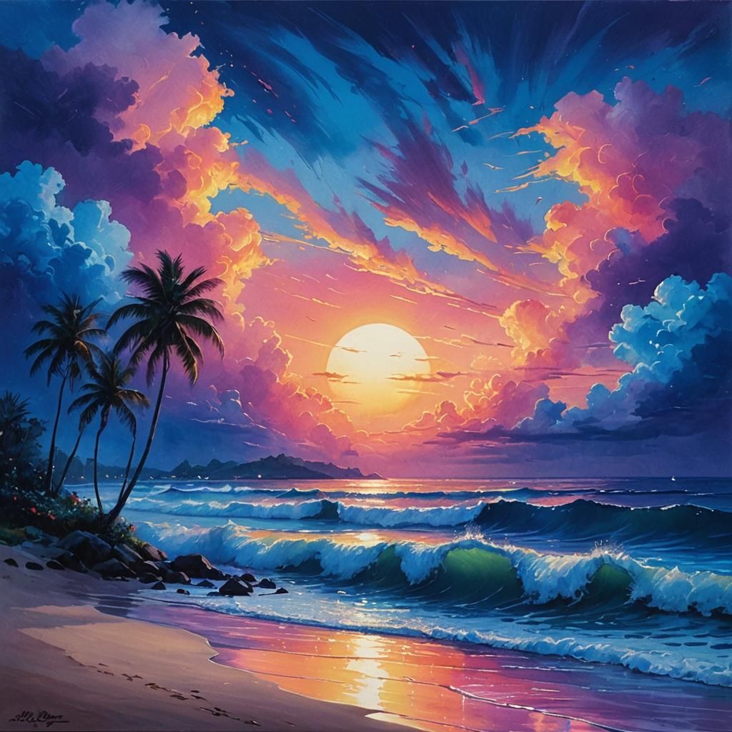 Brilliant Sunset Beach Scene in Gouache Style