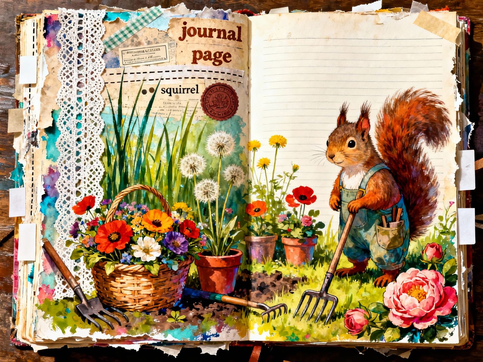 Anthropomorphic Squirrel in Fantasy Garden Junk Journal