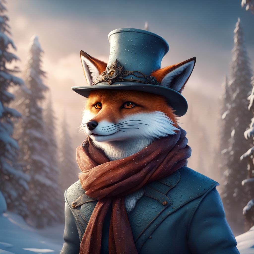 Snow Fox in Hat and Scarf: Detailed Digital Painting