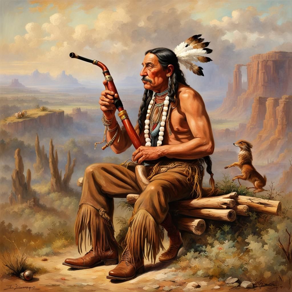 Native American Chief Smoking Peace Pipe in Prairie