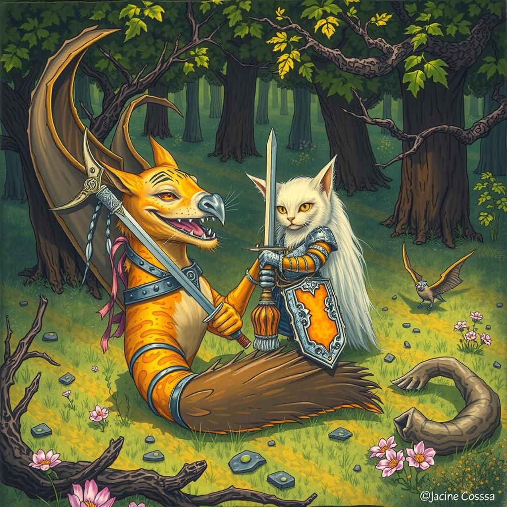 Cat Knight Versus Three-Headed Dragon in Fantasy Art Style