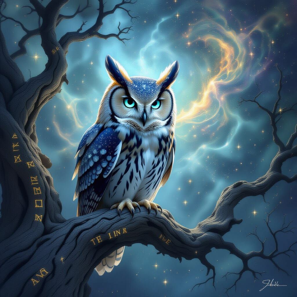 Wise Old Owl in Cosmic Nebula, Digital Art