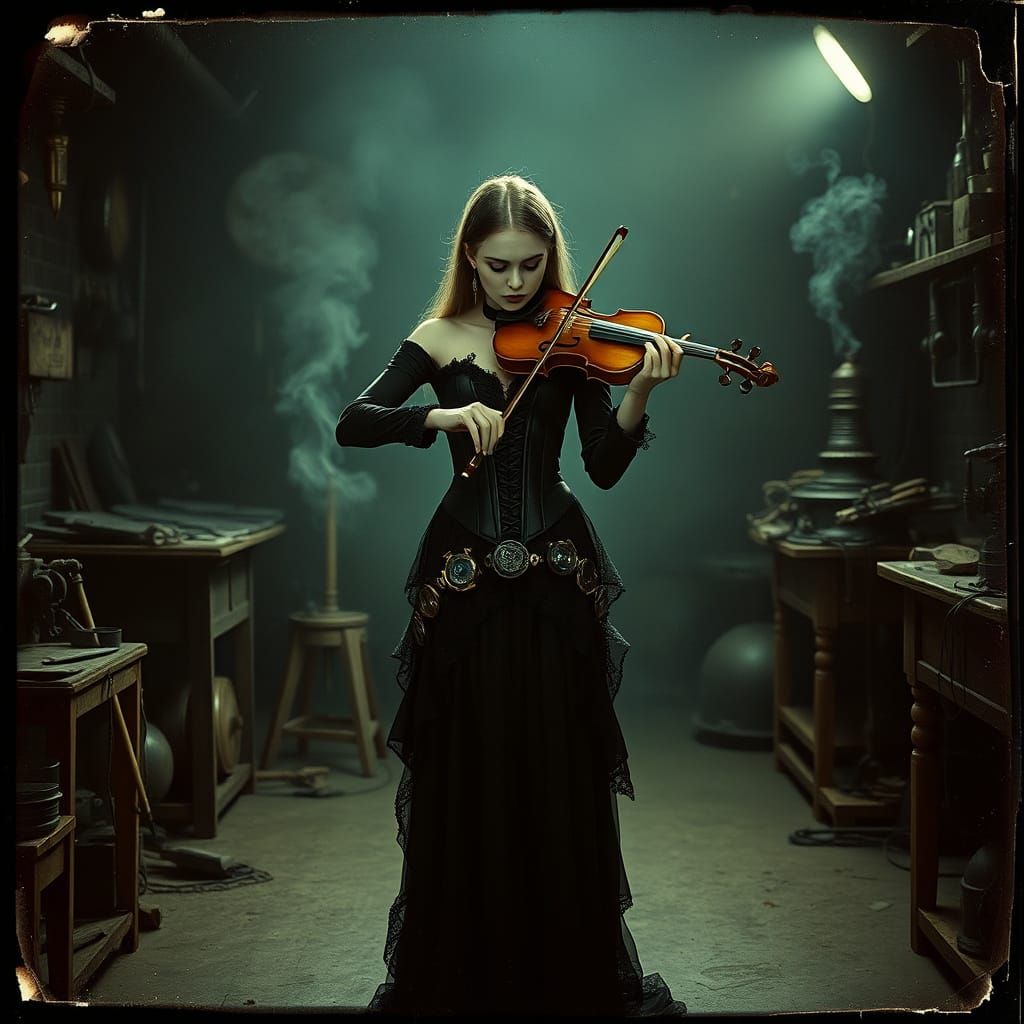 Goth Violinist in Steampunk Workshop
