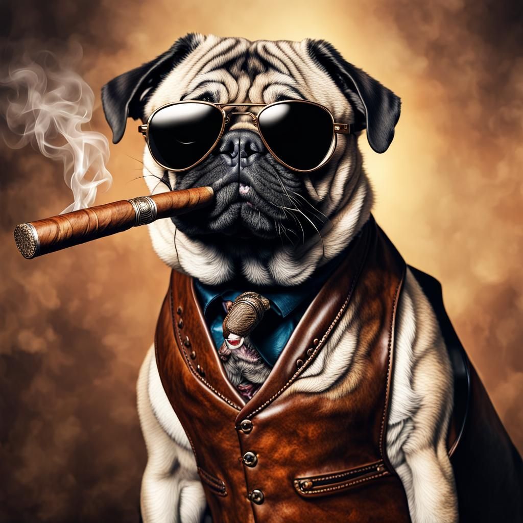 Pug Dog Smoking Cigar in Hyperrealistic Style