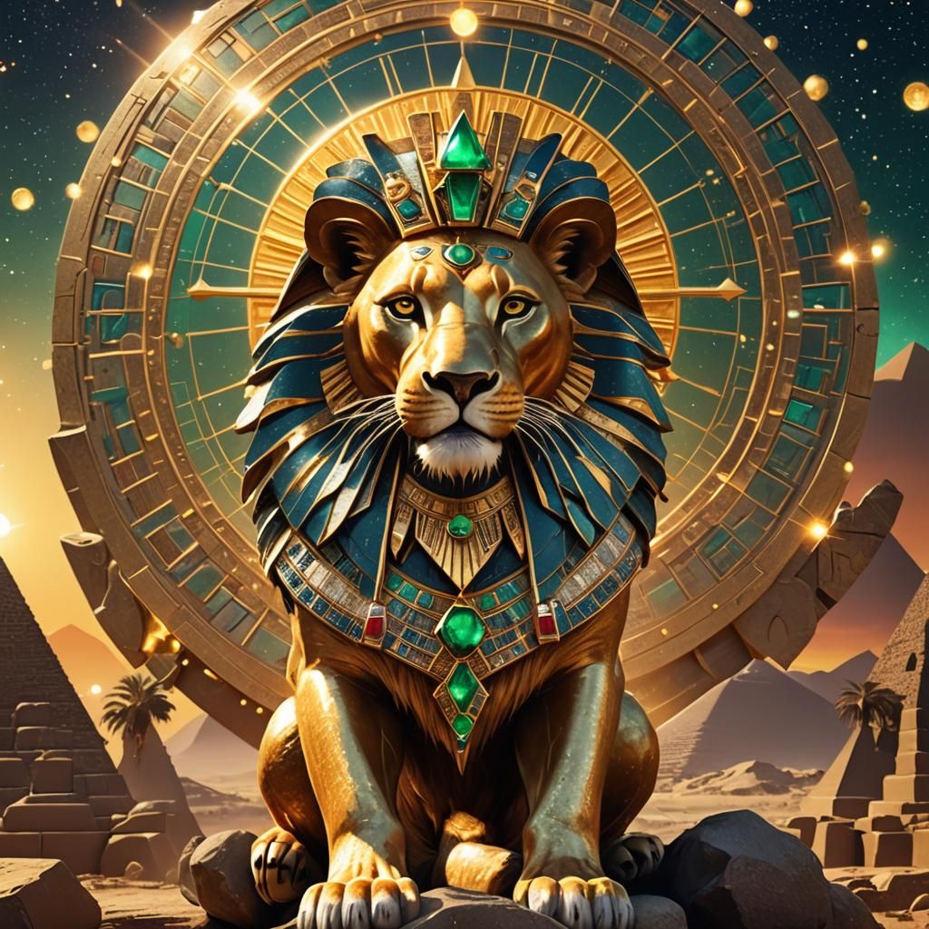Egyptian Lion Goddess Sekhmet with Emerald Pyramids